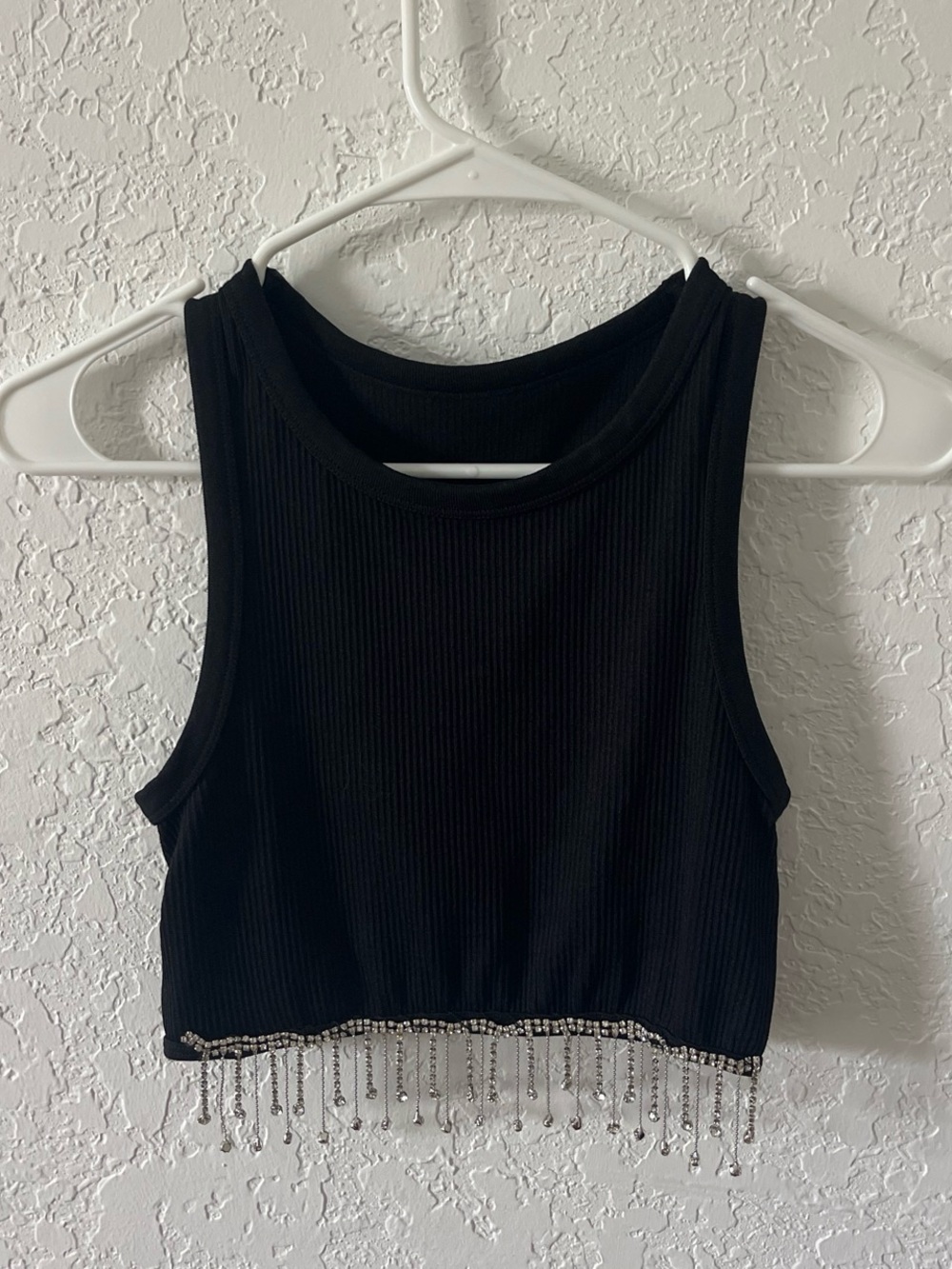 Black Ribbed Crop Tank with Beaded Fringe